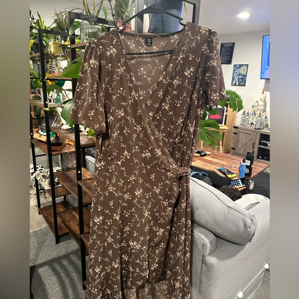 Brown Floral Midi Wrap Around Dress